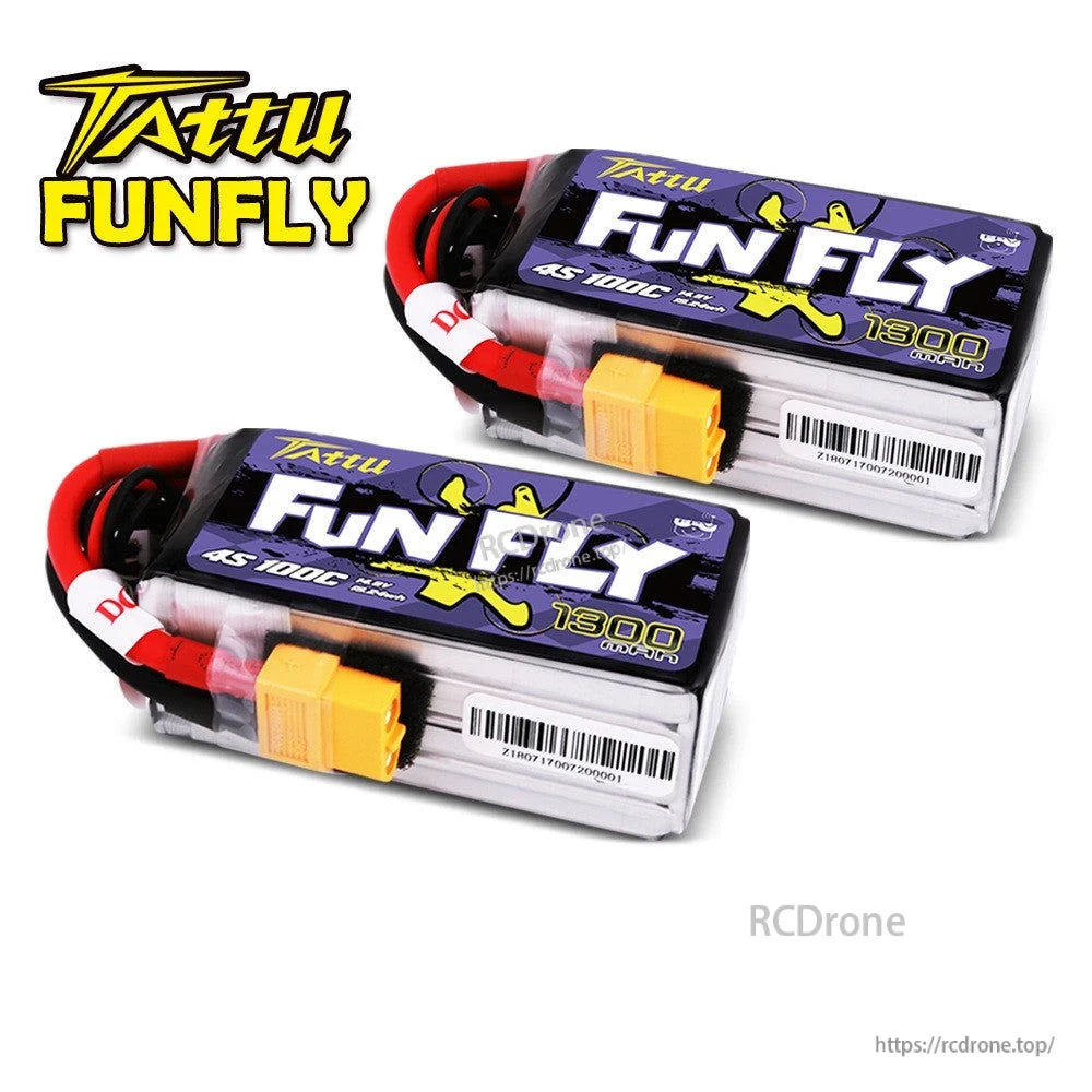 Tattu Funfly 1300mAh 4S 14.8V 100C LiPo Battery, Two Tattu FunFly 1300mAh 4S 100C LiPo batteries with XT60-style connector and balance lead