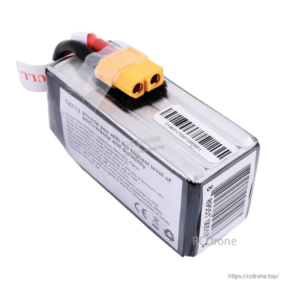 Tattu Funfly 1300mAh 4S 14.8V 100C LiPo Battery, Tattu Funfly 4S 1300mAh LiPo battery pack with yellow XT60-style plug and protective shrink wrap