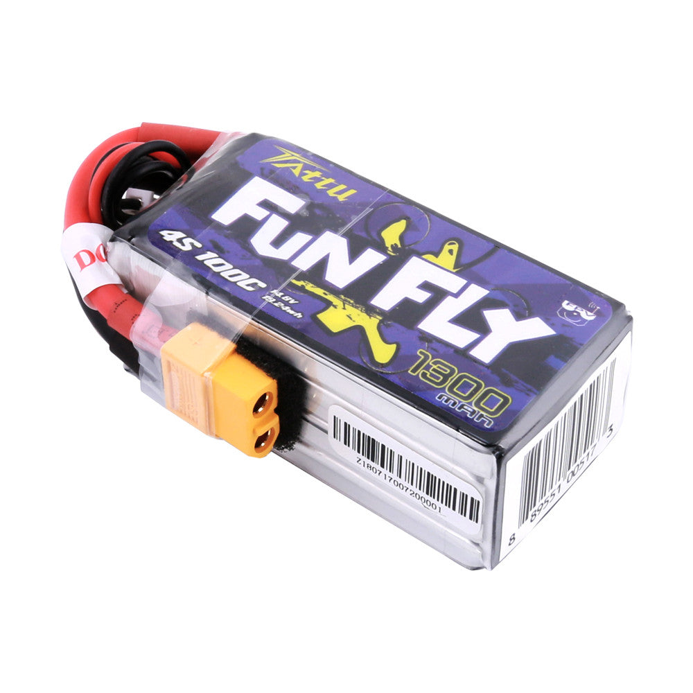 Tattu Funfly 1300mAh 4S 14.8V 100C LiPo battery pack with yellow XT60 connector and power leads