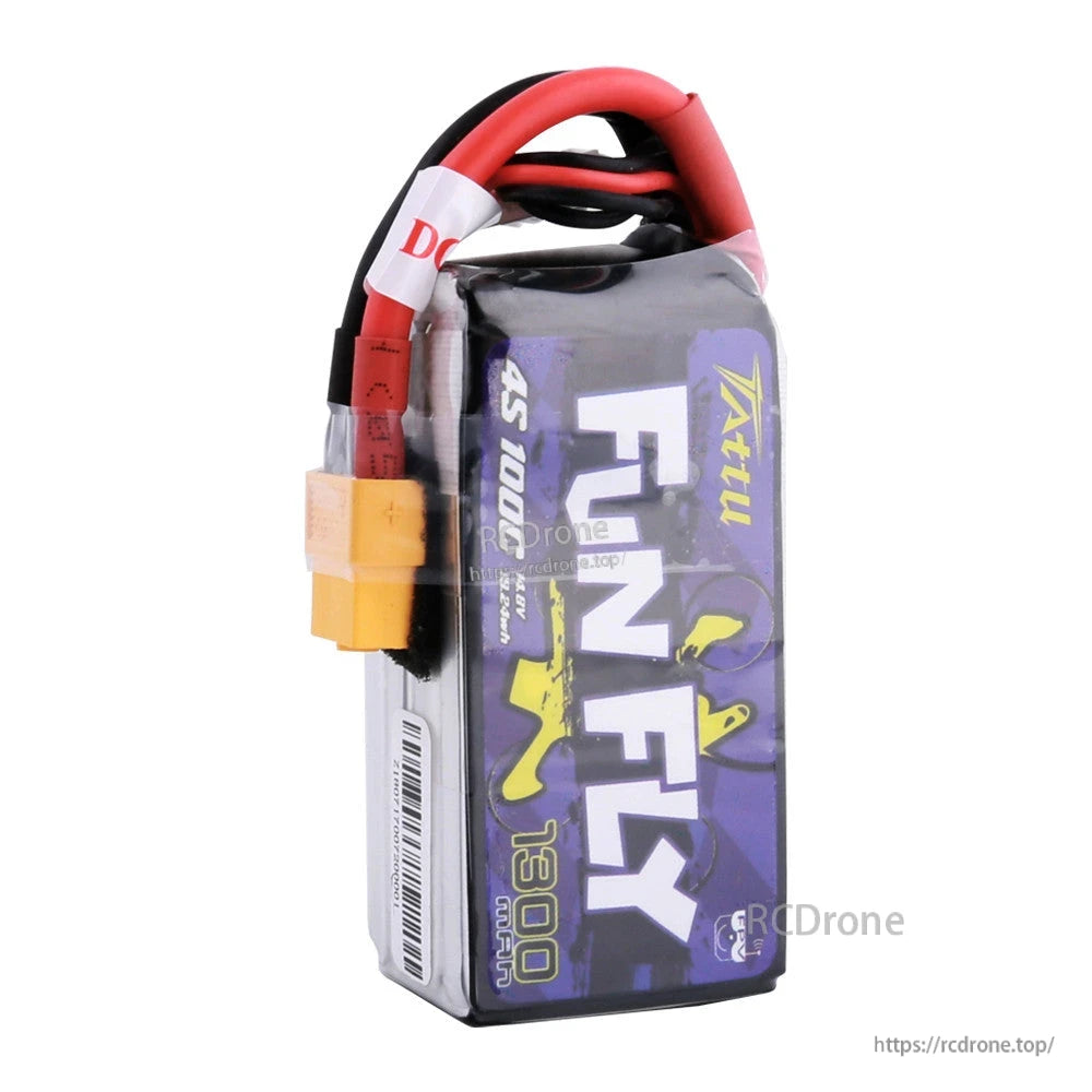 Tattu Funfly 1300mAh 4S 14.8V 100C LiPo Battery, Tattu Funfly 1300mAh 4S LiPo battery pack with yellow XT60-style connector and balance lead