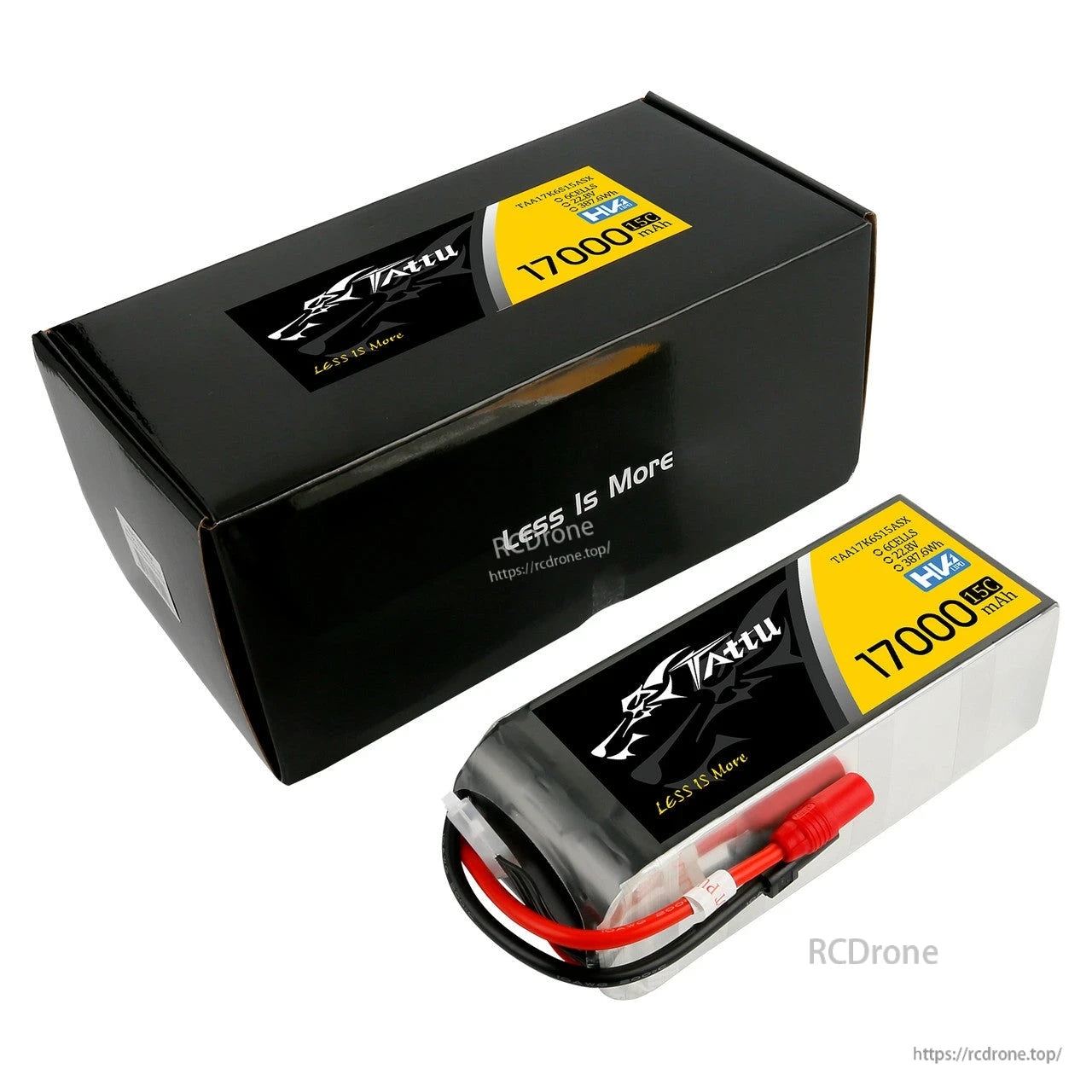 Tattu G-Tech 6S HV LiPo battery pack labeled 17000mAh 15C, with heavy-gauge leads and red high-current connector