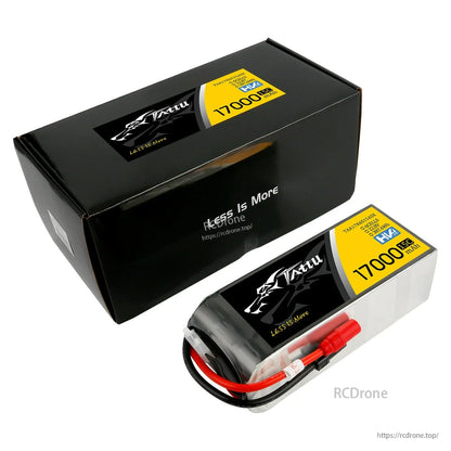 Tattu G-Tech 6S HV LiPo battery pack labeled 17000mAh 15C, with heavy-gauge leads and red high-current connector