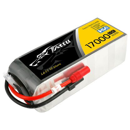 Tattu 6S HV LiPo battery pack labeled 17000mAh 15C 22.8V, with heavy-gauge leads and balance plug