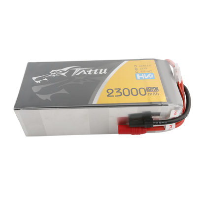 Tattu 6S HV LiPo battery pack labeled 22.8V 23000mAh 25C (524.4Wh) with heavy-gauge power leads