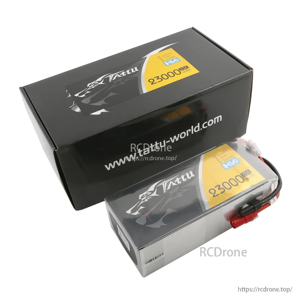 Tattu G-Tech 23000mAh HV LiPo drone battery pack in box, with red power connector and balance lead