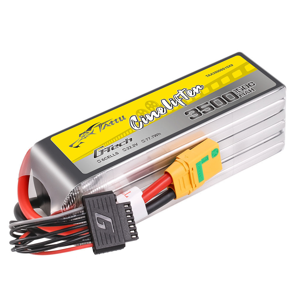 Tattu G-Tech 3500mAh 6S 22.2V 150C LiPo battery pack with yellow XT-style plug and balance lead