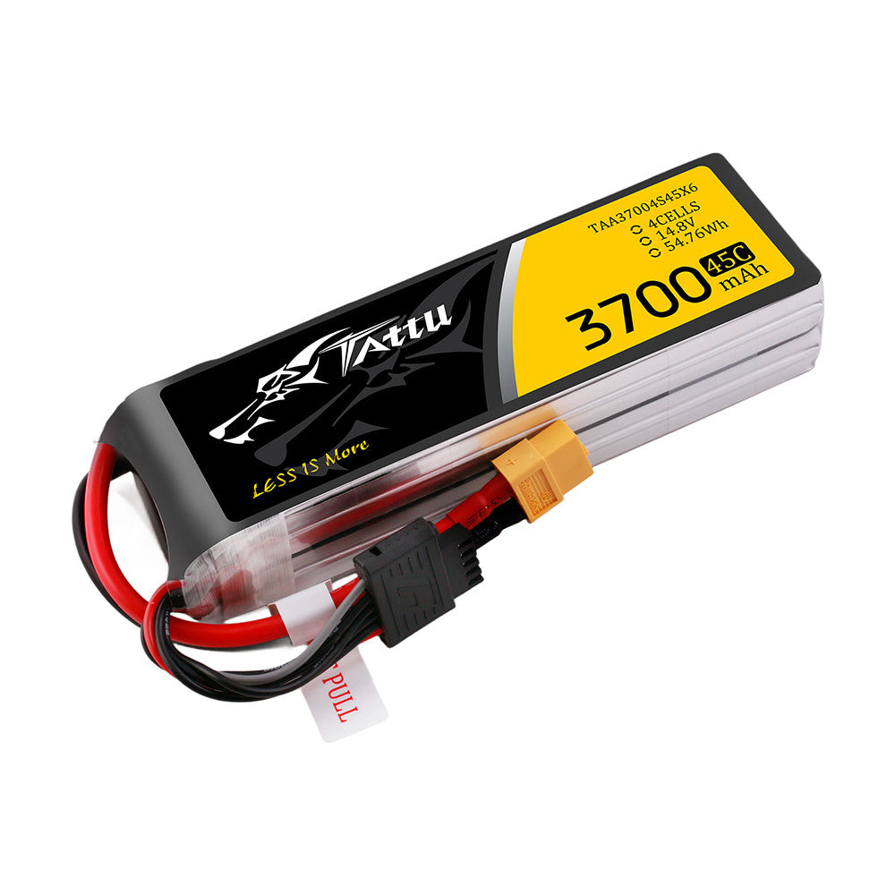 Tattu G-Tech 3700mAh 4S 45C LiPo battery pack with XT60 power plug and balance lead, 14.8V label
