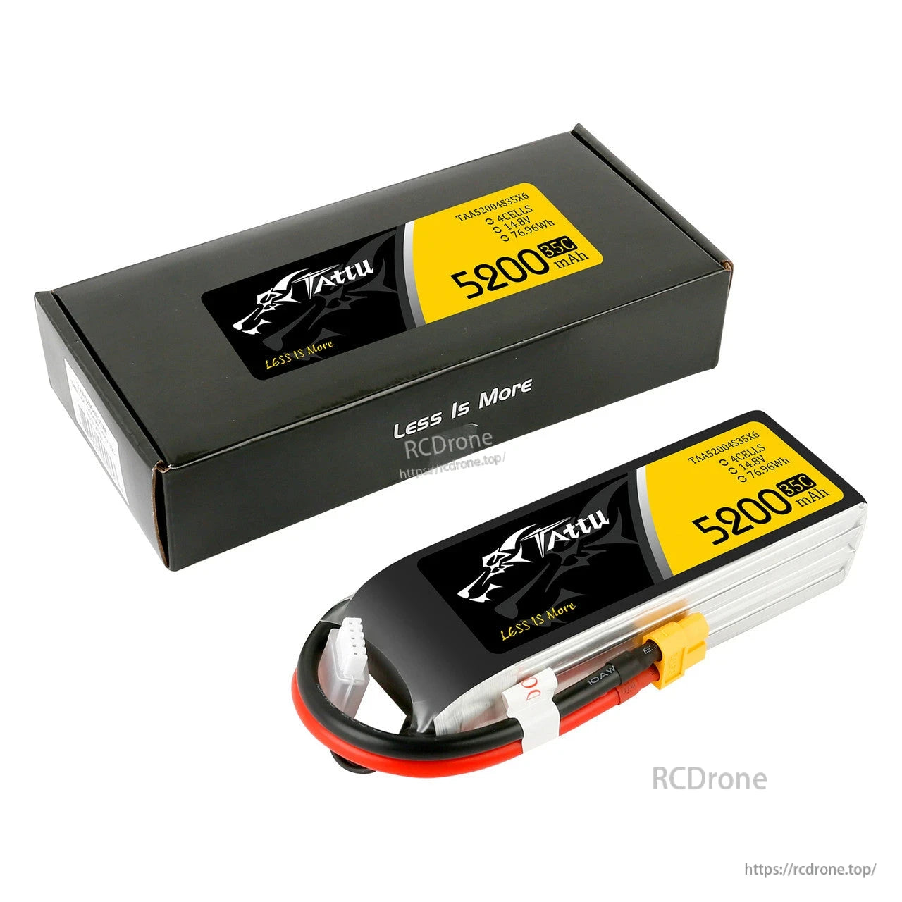 Tattu G-Tech 5200mAh 4S 14.8V 35C LiPo Battery, Tattu 5200mAh 4S 14.8V 35C LiPo battery with balance lead and yellow power connector, shown with box