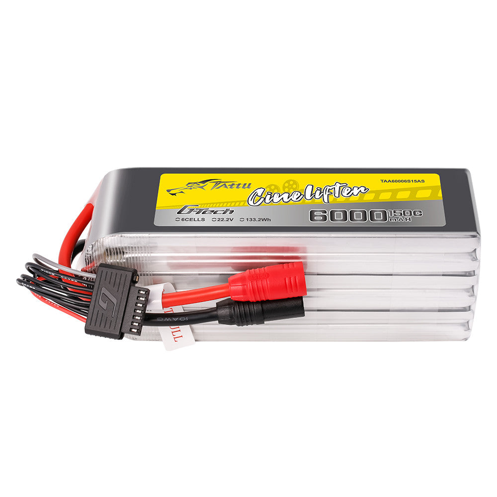 Tattu G-Tech 6000mAh 6S 22.2V 150C LiPo Battery, Tattu G-Tech Cinelifter 6000mAh 6S 22.2V 150C LiPo battery with main power lead and balance plug