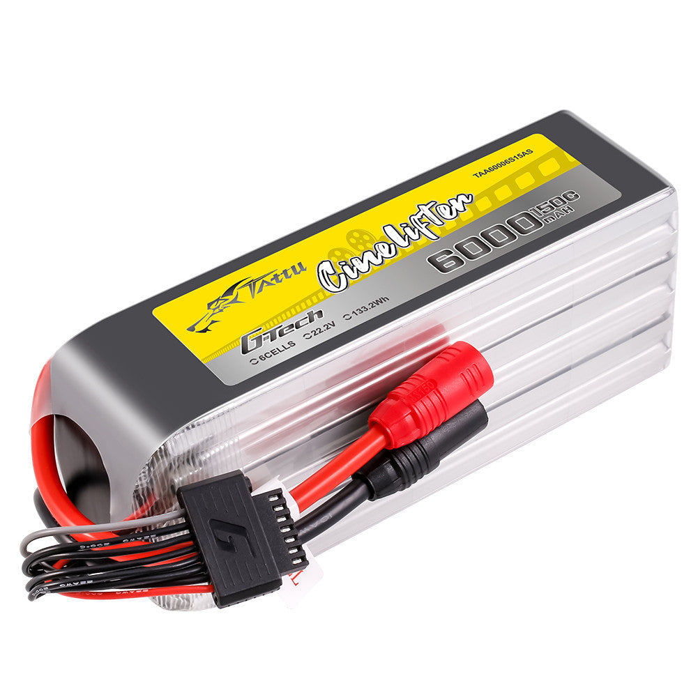Tattu G-Tech 6000mAh 6S 22.2V 150C LiPo Battery, Tattu G-Tech 6S 22.2V 6000mAh 150C LiPo battery pack with main power leads and balance connector