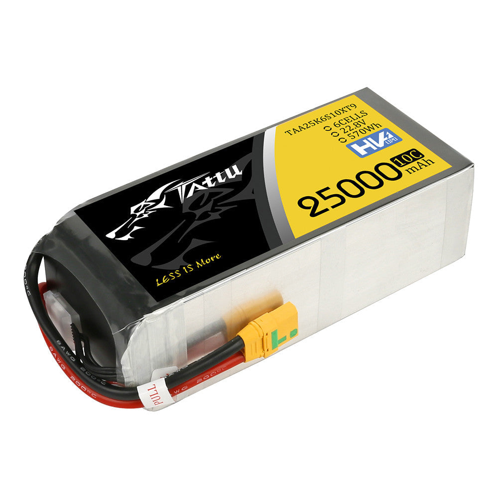 Tattu HV 6S 25000mAh LiPo battery pack with XT90-S connector, labeled 22.8V 10C and 570Wh