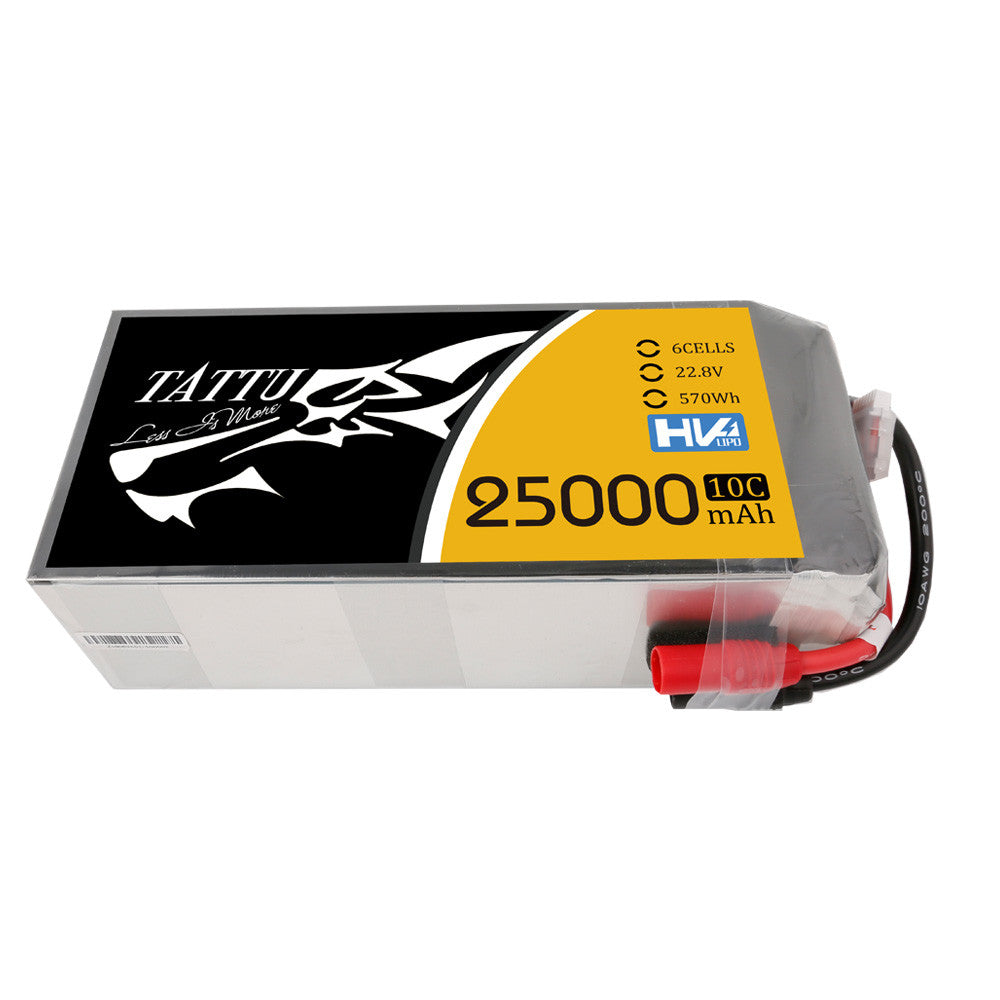 Tattu G-Tech 6S 25000mAh 22.8V HV LiPo Battery, Tattu G-Tech 6S HV LiPo battery pack labeled 25000mAh 22.8V 570Wh with main power leads and balance plug
