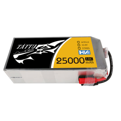 Tattu G-Tech 6S 25000mAh 22.8V HV LiPo Battery, Tattu G-Tech 6S HV LiPo battery pack labeled 25000mAh 22.8V 570Wh with main power leads and balance plug