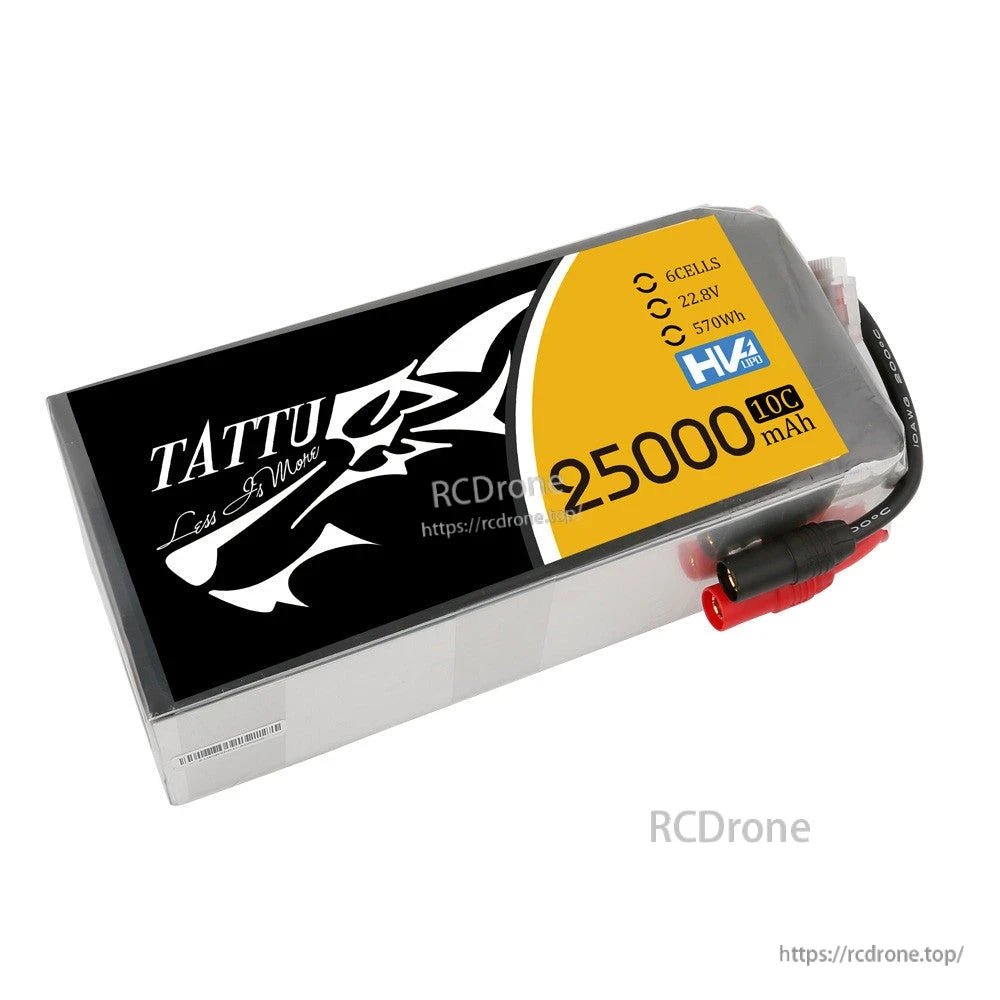 Tattu G-Tech 6S 25000mAh 22.8V HV LiPo Battery, Tattu G-Tech HV LiPo battery pack, 6S 22.8V 25000mAh 10C label with attached power leads and connectors
