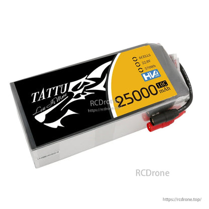 Tattu G-Tech 6S 25000mAh 22.8V HV LiPo Battery, Tattu G-Tech HV LiPo battery pack, 6S 22.8V 25000mAh 10C label with attached power leads and connectors