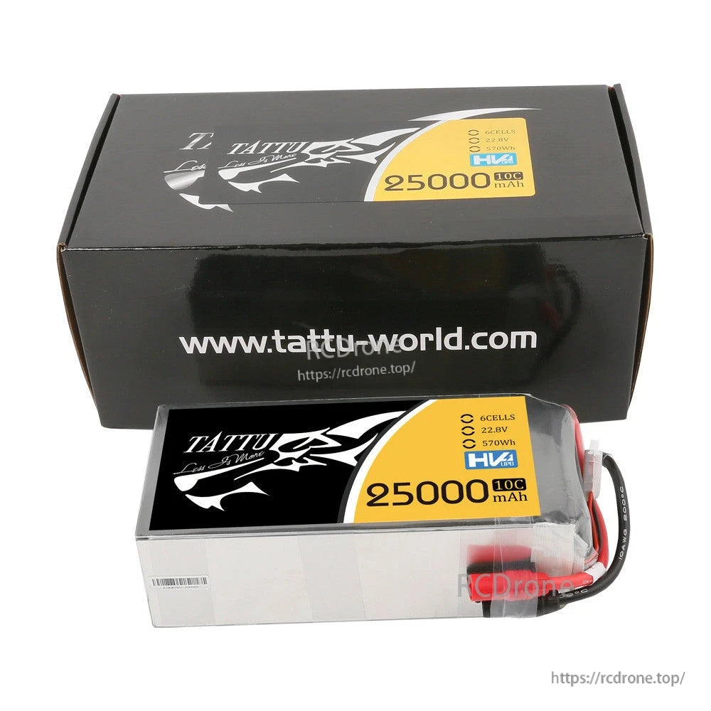 Tattu G-Tech 6S 25000mAh 22.8V HV LiPo Battery, Tattu G-Tech HV 6S 25000mAh 22.8V LiPo battery pack with lead wires, pictured with branded box