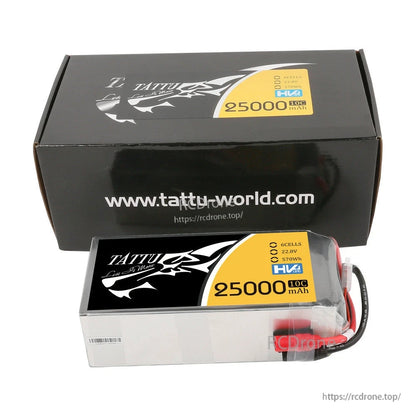 Tattu G-Tech 6S 25000mAh 22.8V HV LiPo Battery, Tattu G-Tech HV 6S 25000mAh 22.8V LiPo battery pack with lead wires, pictured with branded box
