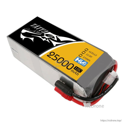 Tattu G-Tech 6S 25000mAh 22.8V HV LiPo Battery, Tattu G-Tech HV LiPo battery pack labeled 6S 22.8V 25000mAh with red/black power leads and connector