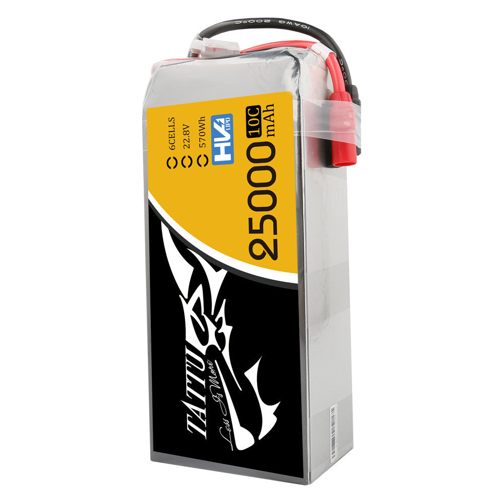 Tattu G-Tech 6S 25000mAh 22.8V HV LiPo Battery, Tattu G-Tech HV 6S LiPo battery pack labeled 25000mAh 22.8V 570Wh 10C with red power connector