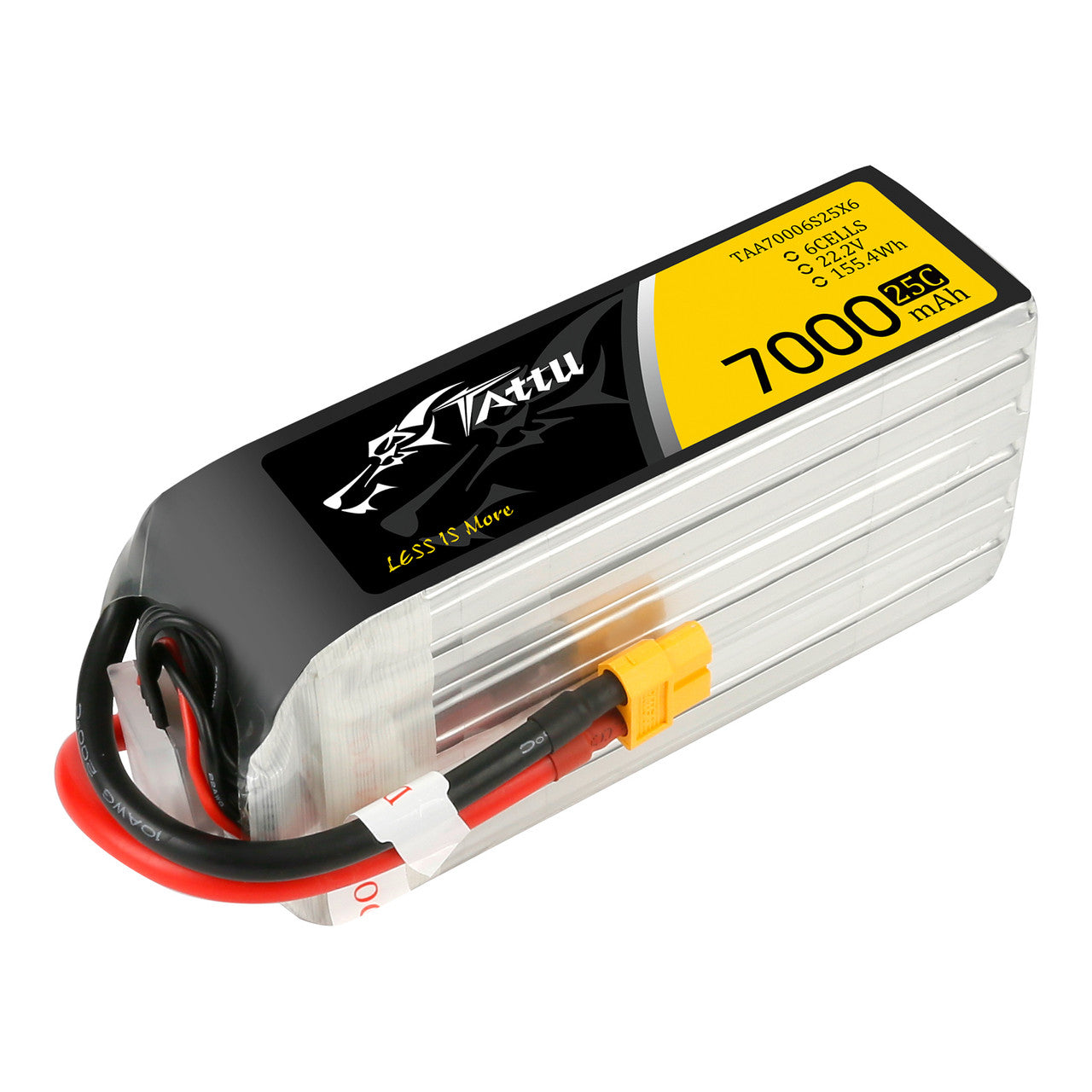 Tattu G-Tech 6S 7000mAh 25C 22.2V LiPo Battery, Tattu 6S 7000mAh 25C LiPo battery pack with 22.2V label and yellow XT90-style connector leads
