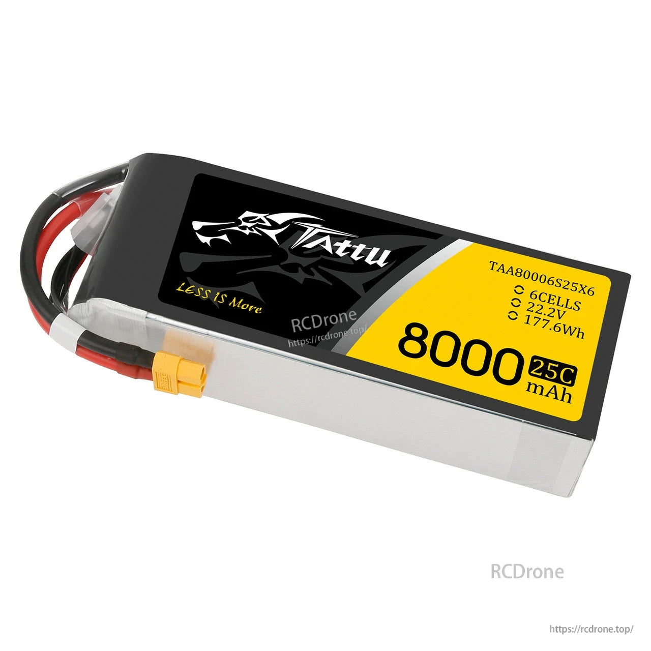 Tattu G-Tech 6S 8000mAh 25C 22.2V LiPo Battery, Tattu 6S 8000mAh 25C LiPo battery pack labeled 22.2V with yellow XT90-style connector and leads