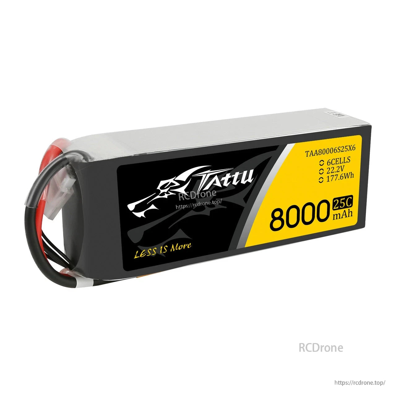 Tattu G-Tech 6S 8000mAh 25C 22.2V LiPo battery pack with lead wires and a large yellow spec label