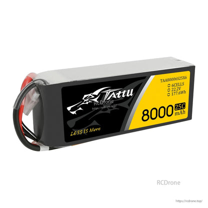 Tattu G-Tech 6S 8000mAh 25C 22.2V LiPo battery pack with lead wires and a large yellow spec label