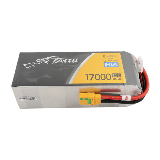 Tattu G-Tech LiPo Battery, Tattu HV LiPo battery pack labeled 6S 22.8V 17000mAh 15C, with red/black leads and yellow XT90-style plug