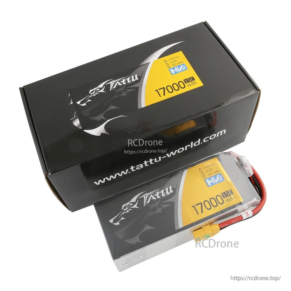 Tattu G-Tech LiPo Battery, Tattu G-Tech 6S HV LiPo battery 17000mAh 15C (22.2V) with yellow XT90-style connector and box