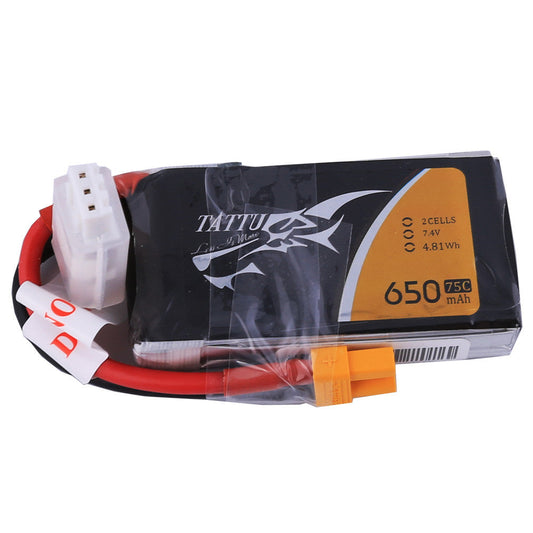 Tattu LiPo Battery, Tattu 2S 7.4V 650mAh 75C LiPo battery pack with yellow power plug and white balance connector