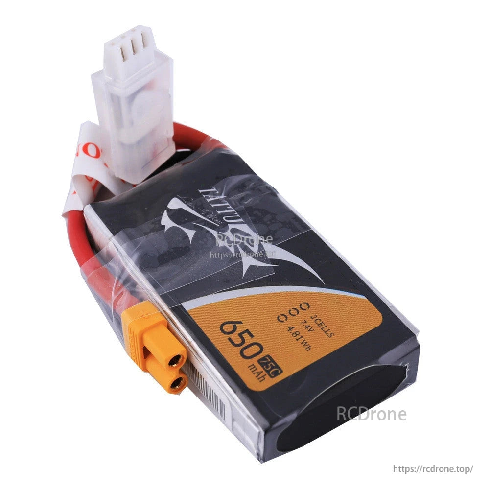 Tattu LiPo battery pack 650mAh 2S 7.4V 75C with XT30 power plug and 3-pin balance connector