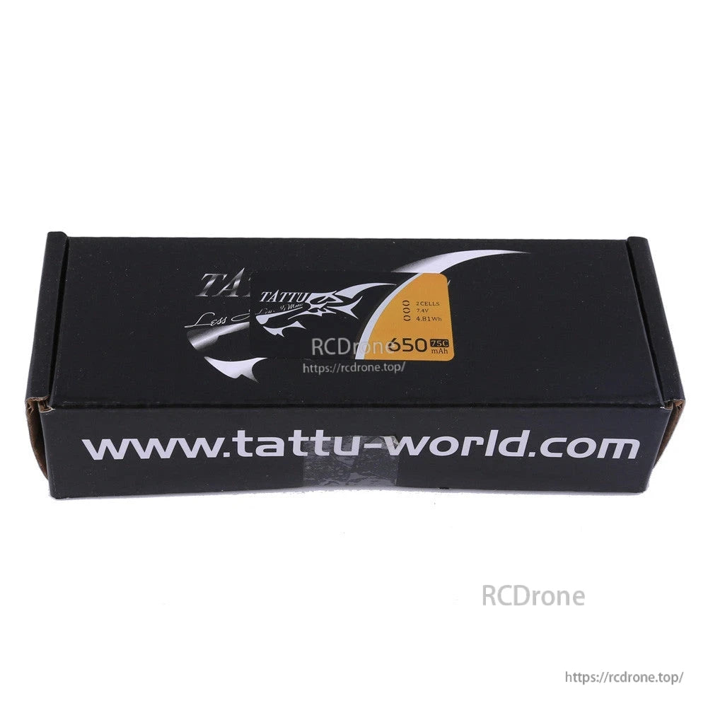 Tattu LiPo battery packaging with label showing 2-cell 7.4V 650mAh capacity and 75C rating