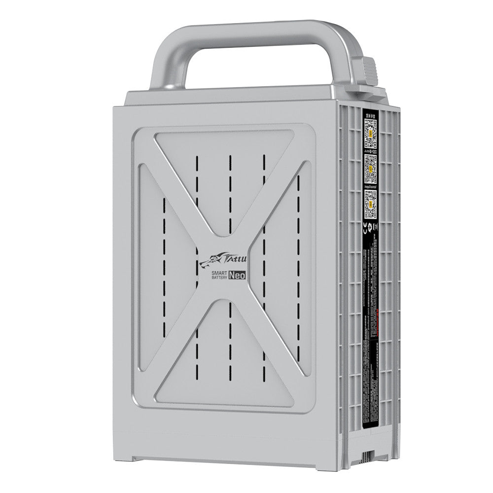 Tattu NEO 29000mAh 12S Smart UAV Battery, Tattu NEO smart UAV battery pack in gray hard case with carry handle and side QR code label