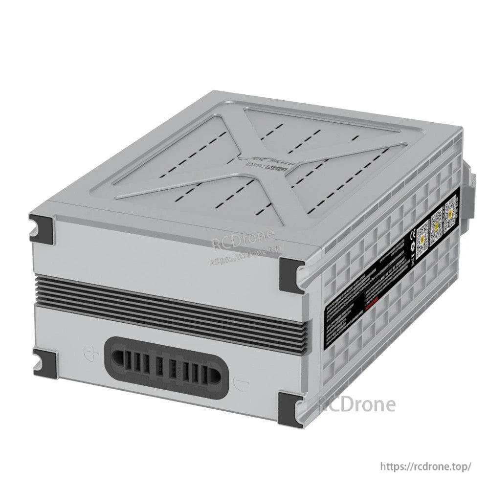 Tattu NEO 29000mAh 12S Smart UAV Battery, Tattu NEO smart UAV battery module in grey hard case with vented top panel and side label with QR codes