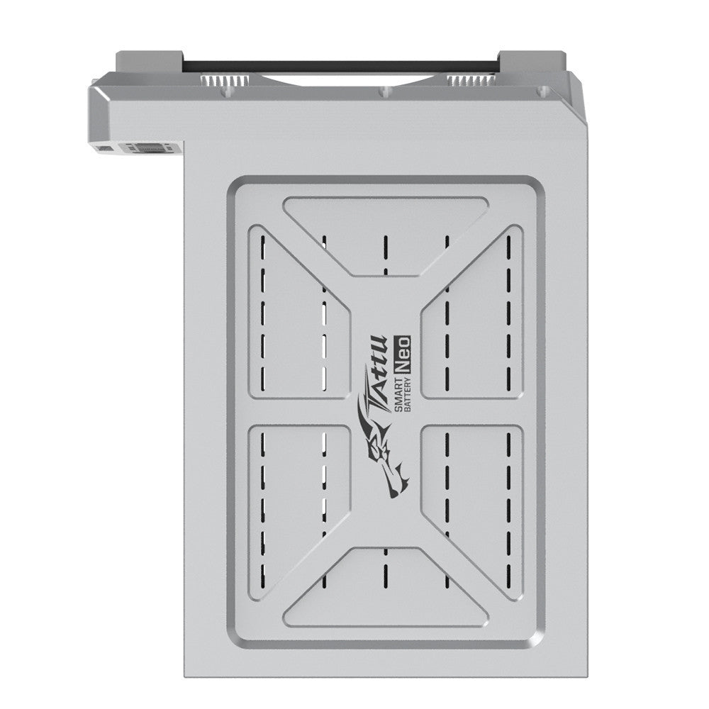 Tattu NEO smart battery pack in a silver metal case with recessed X-panel design and integrated top handle