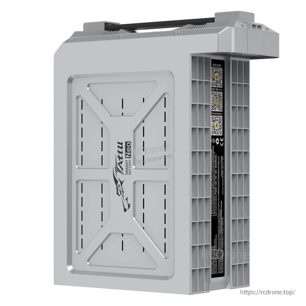 Tattu NEO smart battery pack in gray hard case with carry handle and side ID label with QR codes