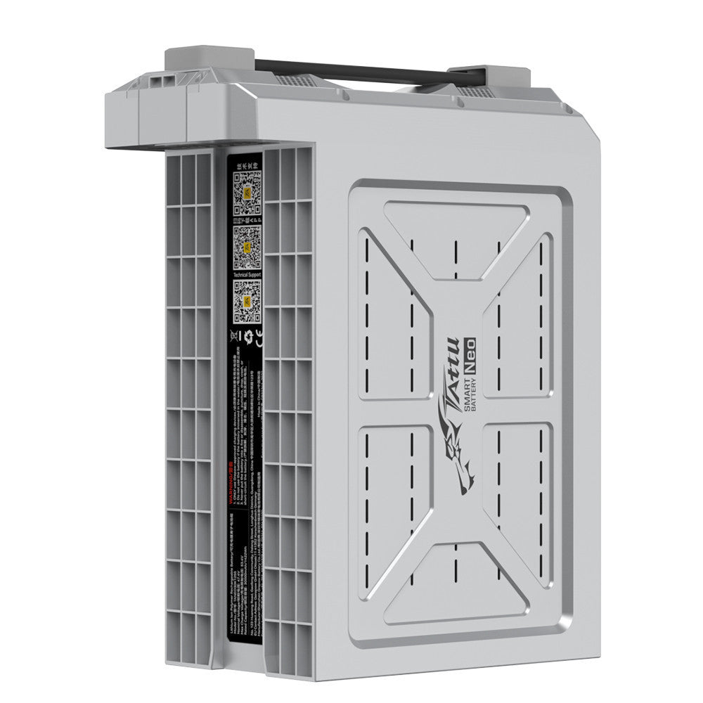 Tattu NEO smart battery pack with carry handle, vented aluminum case and side label with QR codes