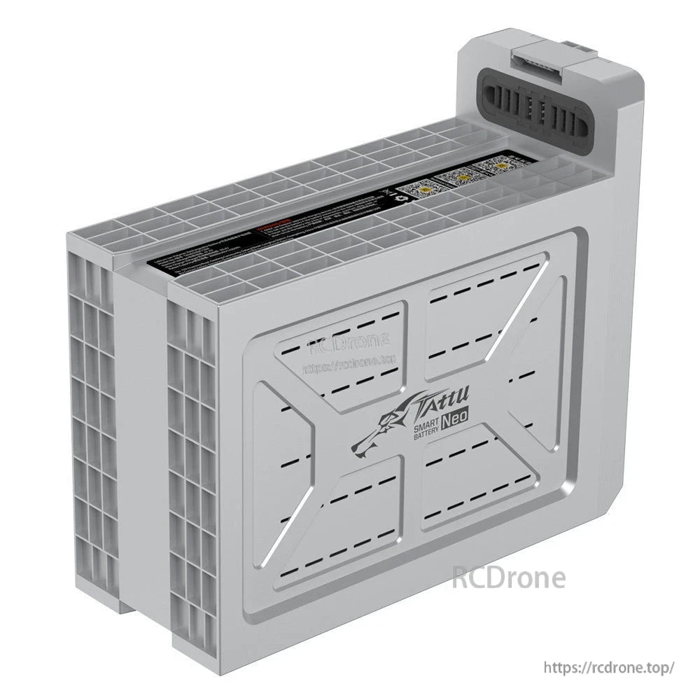 Tattu Smart Battery NEO drone battery pack with rugged gray casing and integrated side connector module