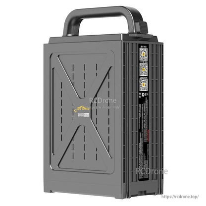 Tattu NEO smart battery pack with carry handle, rugged gray housing and side label with QR codes