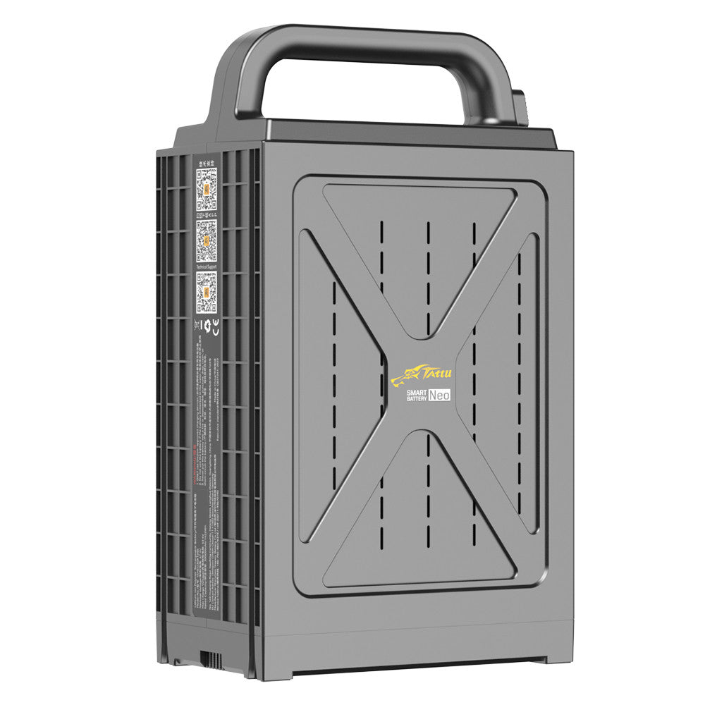 Tattu NEO smart battery pack in gray hard case with carry handle, vented front panel, and side QR label