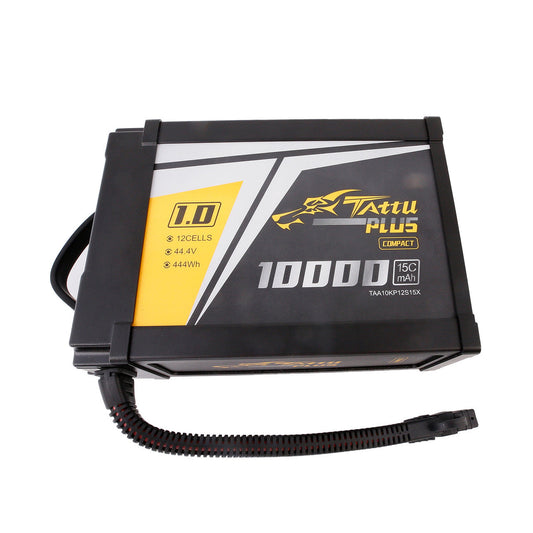 Tattu Plus 1.0 Compact 12S 44.4V 10000mAh LiPo smart battery pack with attached XT90-S lead