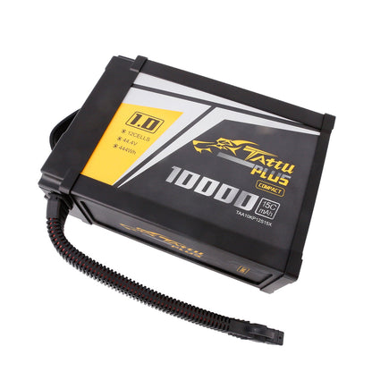 Tattu Plus Compact 1.0 10000mAh 12S LiPo battery pack in hard case with attached power lead, labeled 44.4V 444Wh