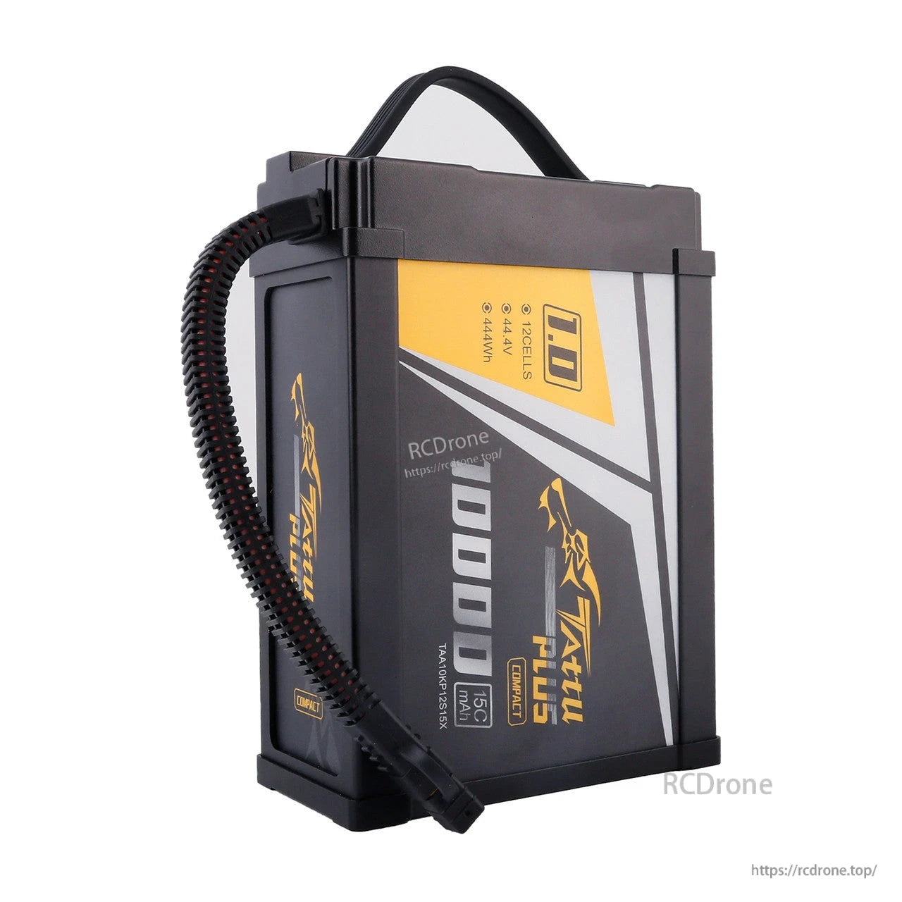 Tattu Plus compact 12S 44.4V 10000mAh hard-case LiPo battery pack with carry handle and attached power lead