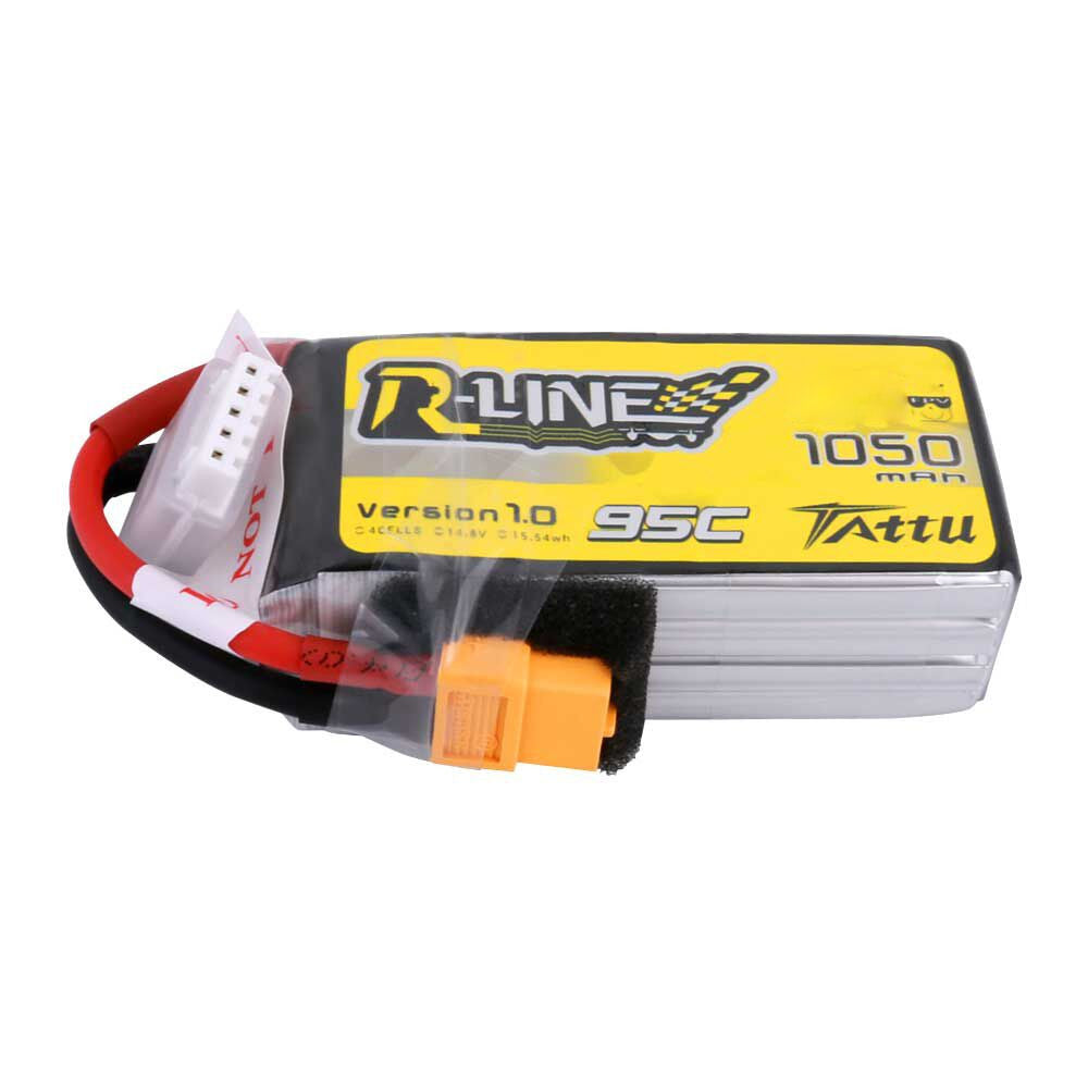 Tattu R-Line 1050mAh 4S 95C 14.8V LiPo Battery, Tattu R-Line 1050mAh 4S 14.8V 95C LiPo battery pack with XT60-style main lead and balance connector