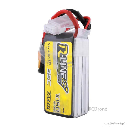 Tattu R-Line 1050mAh 4S 95C 14.8V LiPo Battery, Tattu R-Line 1050mAh 4S 14.8V LiPo battery pack with labeled case, power connector and balance lead