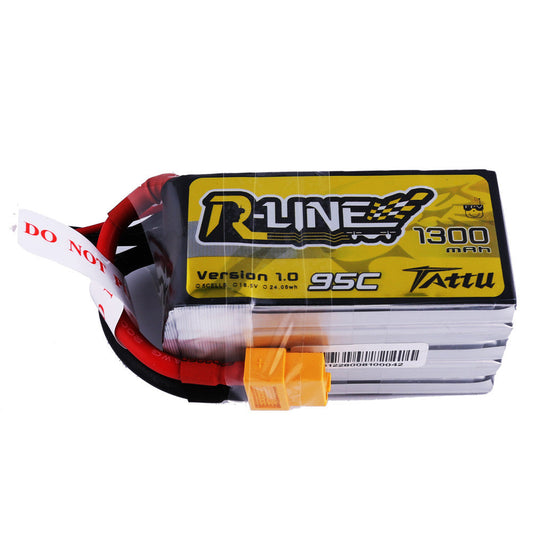Tattu R-Line 1300mAh 5S1P 18.5V 95C LiPo Battery, Tattu R-Line 1300mAh 5S LiPo battery pack with 95C label and yellow XT60 main power connector