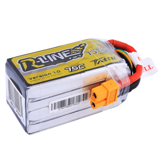 Tattu R-Line 1550mAh 4S 75C LiPo battery pack with XT60 connector and labeled shrink wrap