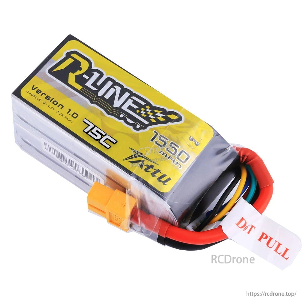 Tattu R-Line 1550mAh 4S 75C LiPo Battery, Tattu R-Line 1550mAh 4S 14.8V 75C LiPo battery pack with XT60 plug, balance lead, and pull tab