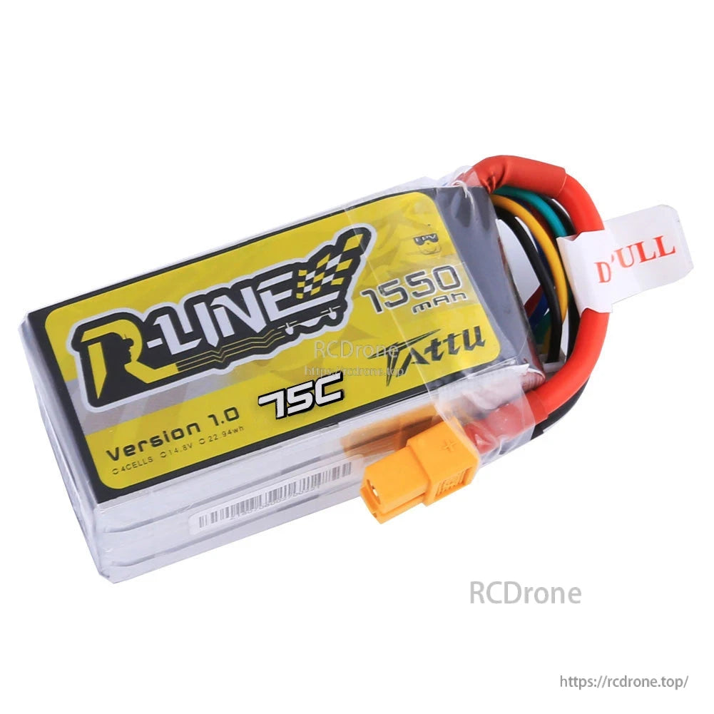 Tattu R-Line 1550mAh 4S 75C LiPo battery pack with yellow XT60-style plug and balance lead pull tab