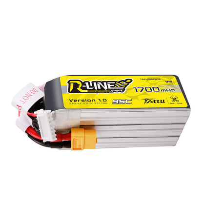 Tattu R-Line 1700mAh 6S 22.2V 95C LiPo battery pack with XT60 main lead and 6S balance connector
